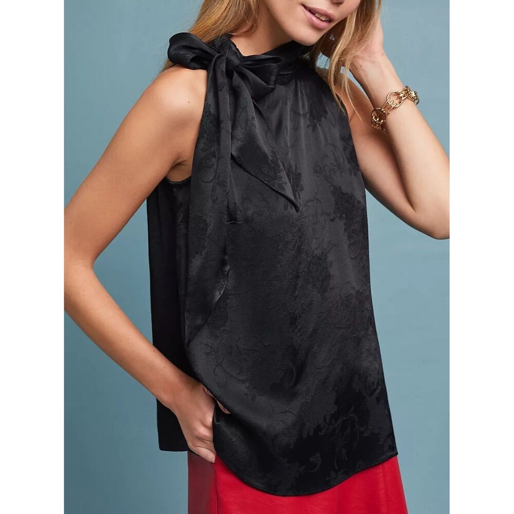 Anthropologie Moulinette Soeurs Black Floral Neck Tie Satin Blouse Women’s sz 10